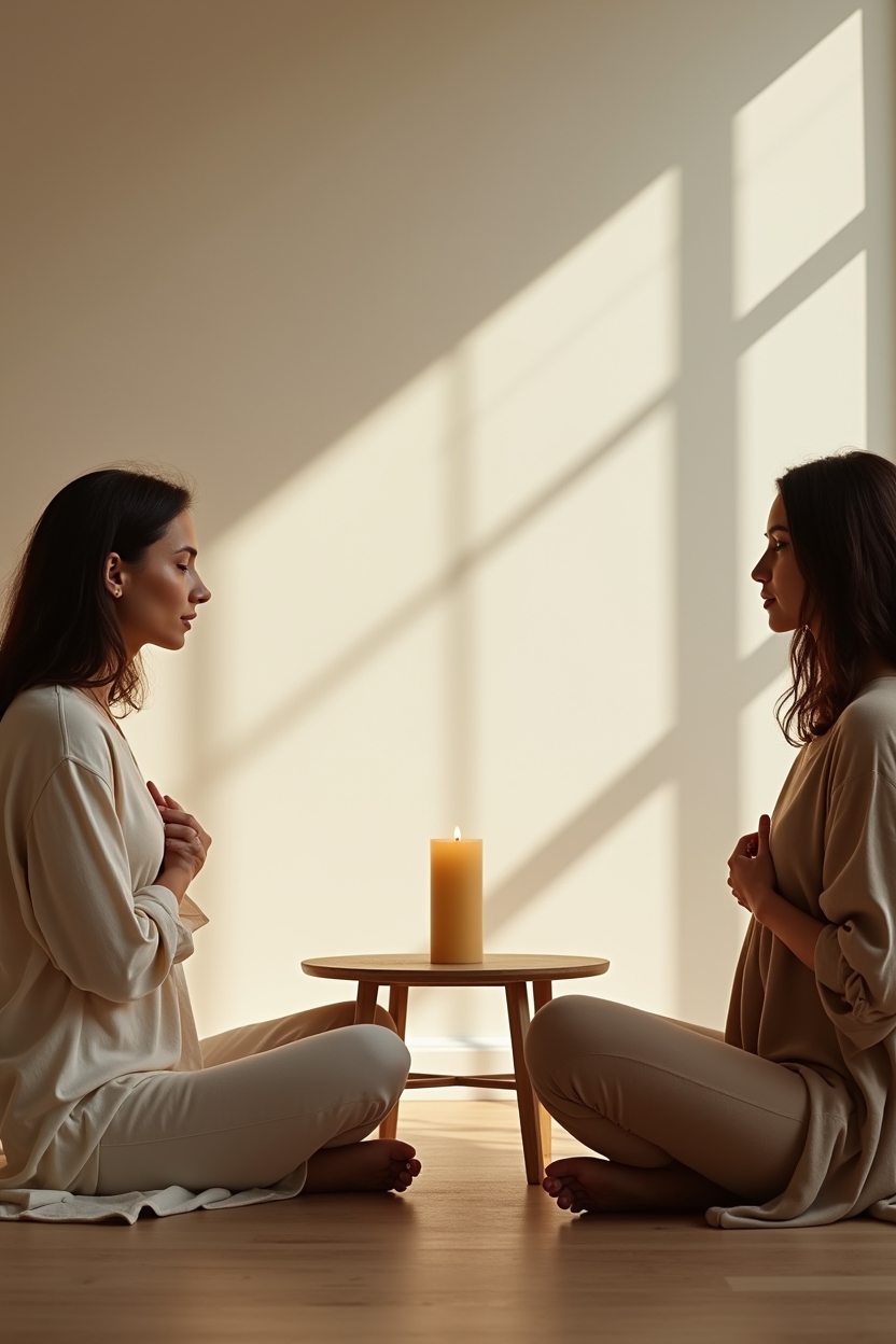 sun in taurus for love — a single lit beeswax candle on a low table — Two people in a calm studio practicing grounding techniques for conversation, centered on a single candle between them.
