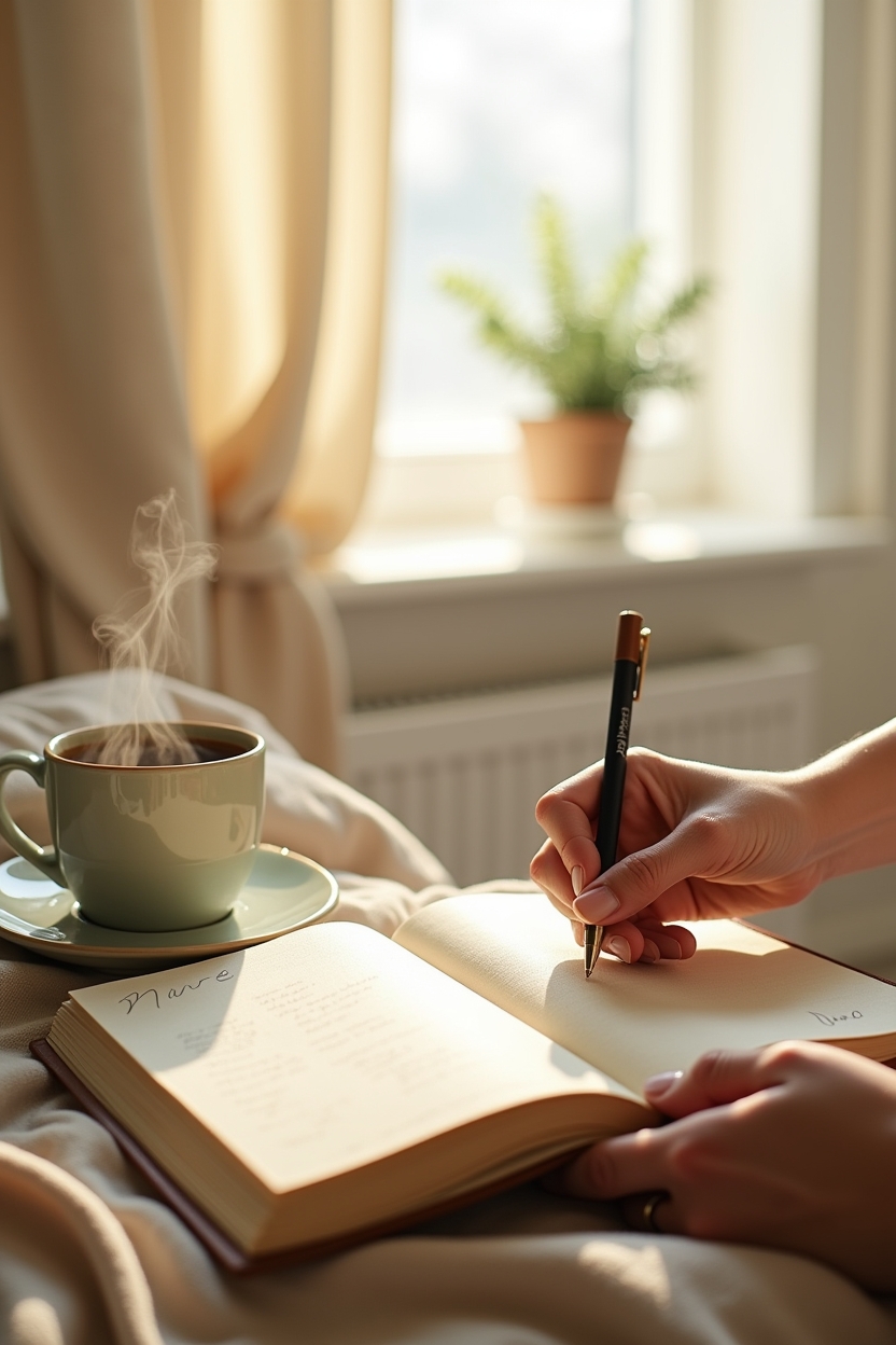 sun in taurus for love — a linen-bound journal — A quiet morning journaling ritual by a bright window, showing the slow rhythm and security a Taurus values.
