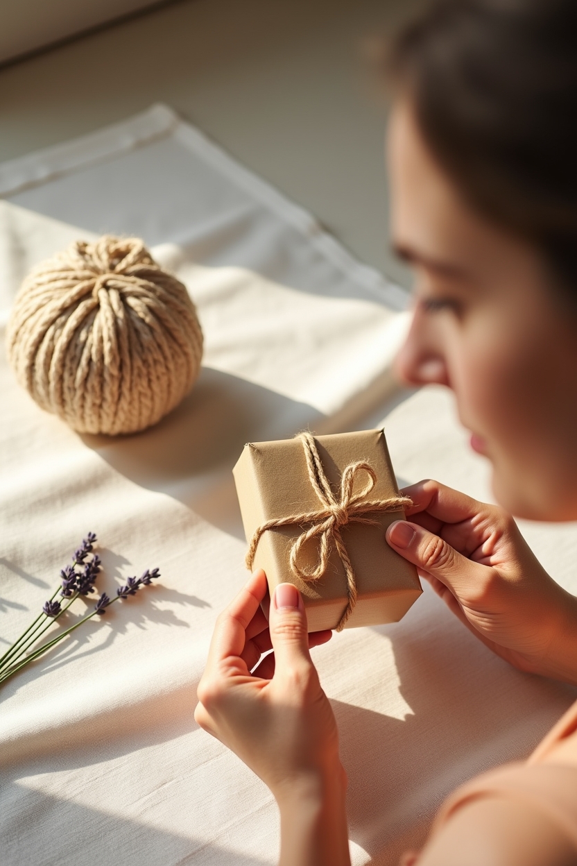 sun in taurus for love — small wrapped gift with twine — A close overhead shot of ritualized gifting and touch — hands tying a twine bow on a small present with a sprig of lavender nearby.