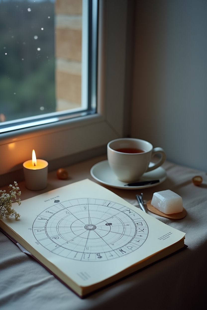 sun in taurus for love — printed birth chart wheel — A moody, moonlit still-life of a printed birth chart propped by a window with a moonstone, open notebook, and a steaming cup — a reflective astrology journaling scene.