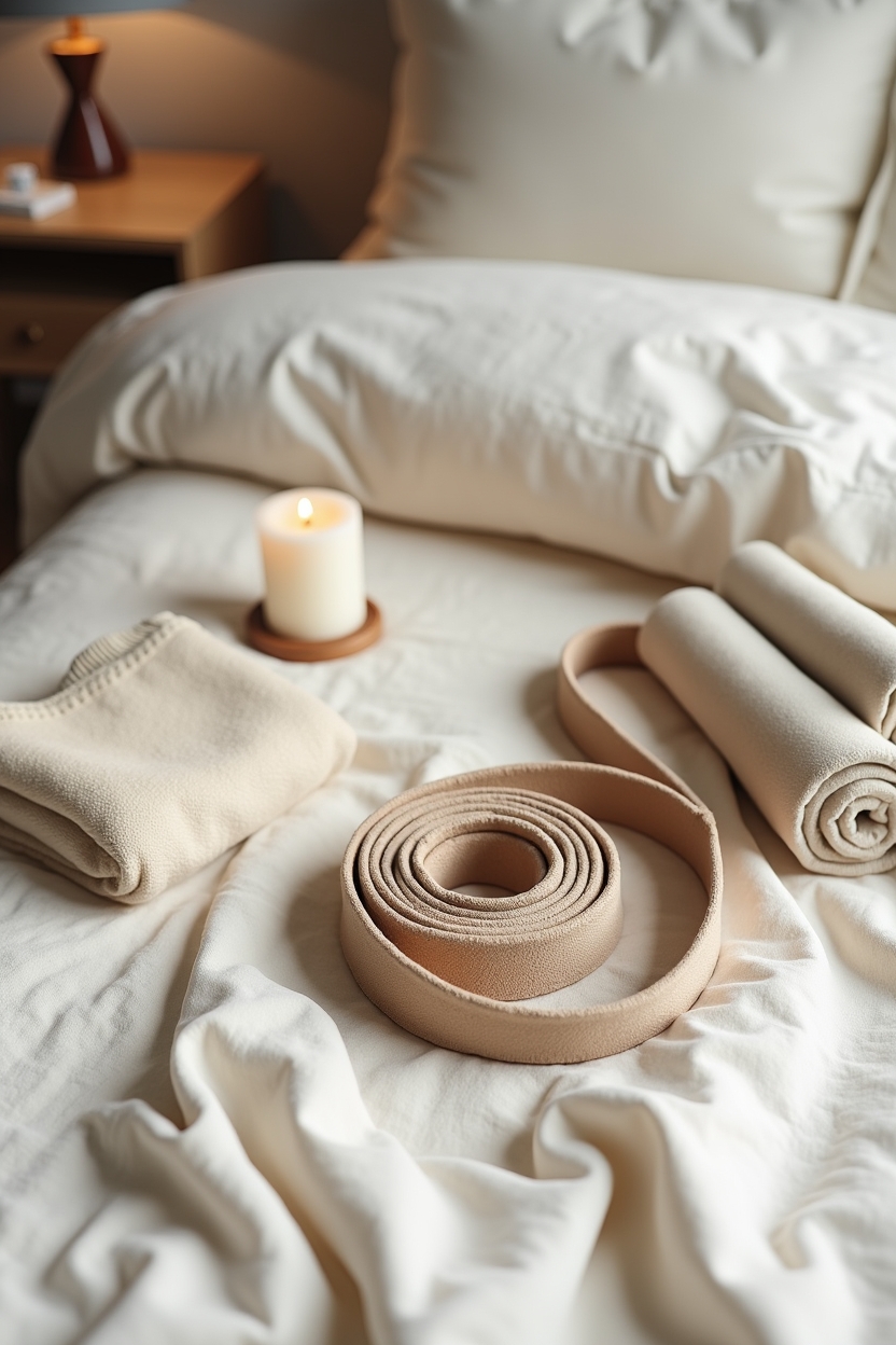 how to improve sleep with hands stretches — a folded hemp yoga strap coiled neatly — A clean flat-lay of simple props and posture aids arranged on a bed for a pre-sleep hand ritual.