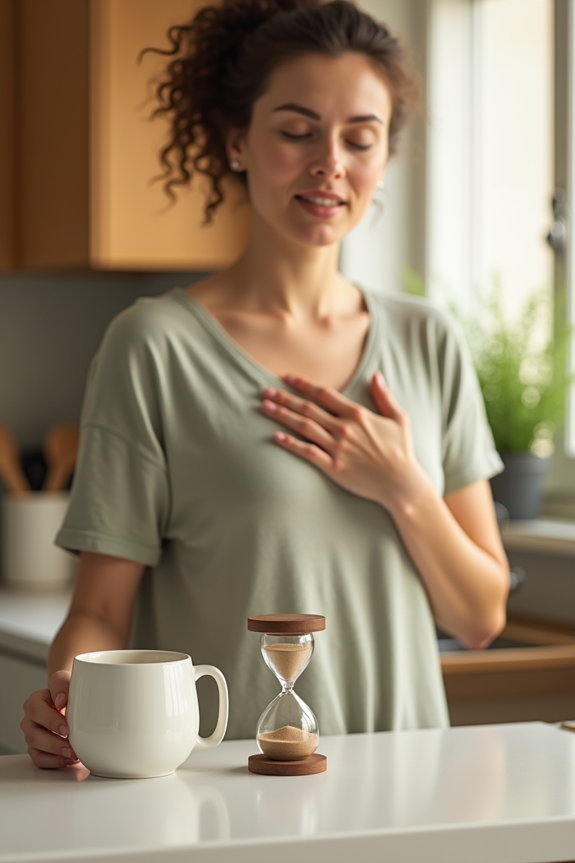 how to practice shadow work meditation for compassion — a small sand timer or minimalist kitchen timer on the counter — A short daily two-minute compassion check-in: a person standing at a kitchen counter with eyes closed, hand over heart, small timer visible