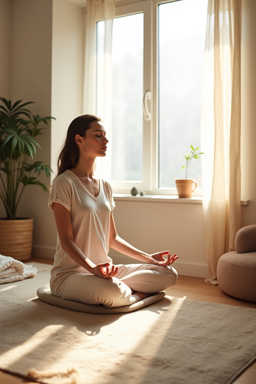 how to practice shadow work meditation for compassion — a small grounding stone on the windowsill — A person doing a simple grounding technique seated by a bedroom window, palms on knees, eyes closed and breathing slowly
