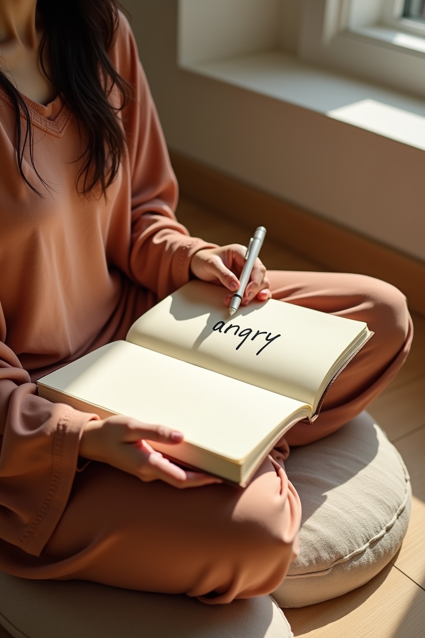 how to practice shadow work meditation for compassion — an open notebook with the handwritten word 'angry' visible — Close three-quarter shot of a person naming a difficult feeling aloud while holding a small notebook open on their lap