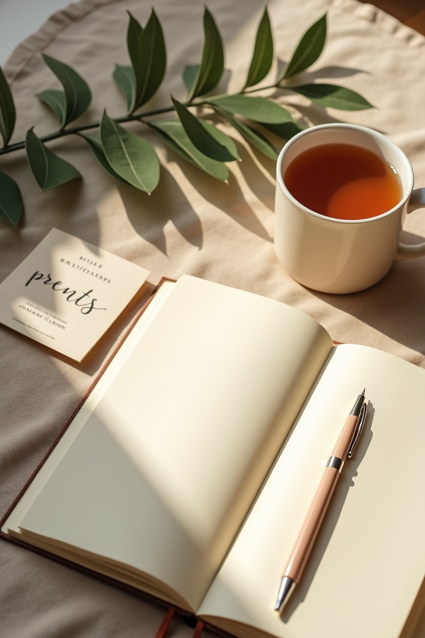 how to practice shadow work meditation for compassion — a cream-colored journal opened to a fresh page — Overhead flat-lay of a journaling ritual immediately after meditation: journal, pen, tea, and a printed prompt card
