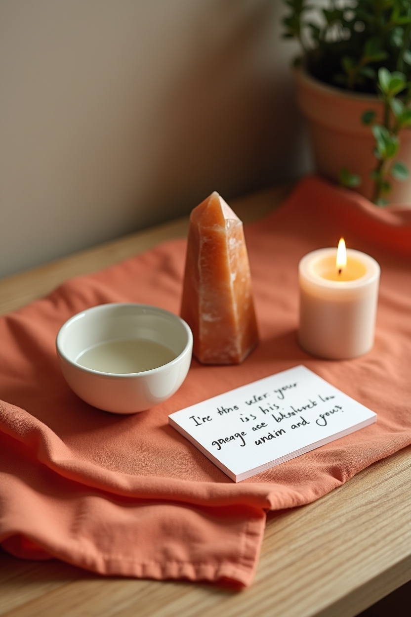 hatha yoga routine for spiritual beginners who want hip opening — carnelian crystal — Still-life altar for sacral-center reflection: carnelian crystal on orange silk, a small bowl of water, a short handwritten mantra card and a lit candle.