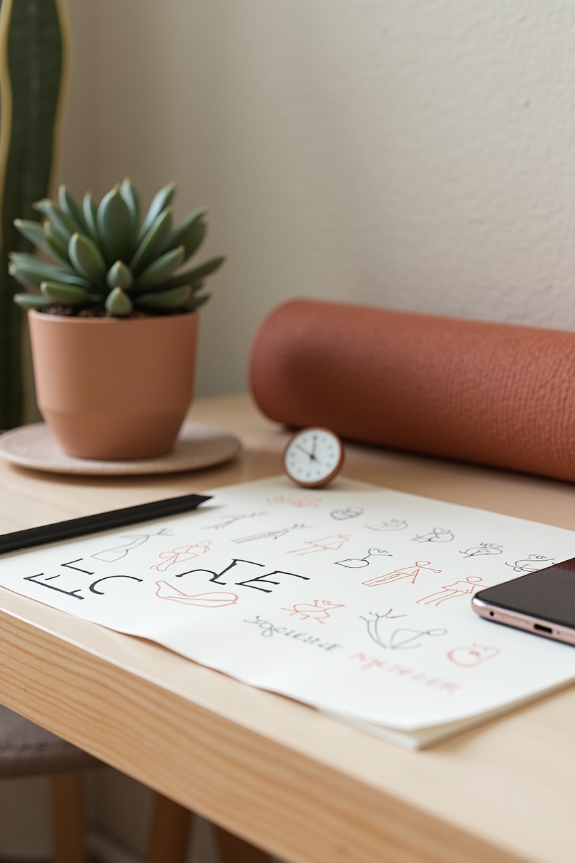 hatha yoga routine for spiritual beginners who want hip opening — printed sequence card — Wide-angled lifestyle desk scene showing a printed 10-minute sequence card, pen, phone timer, and the edge of a rolled mat poised for practice.