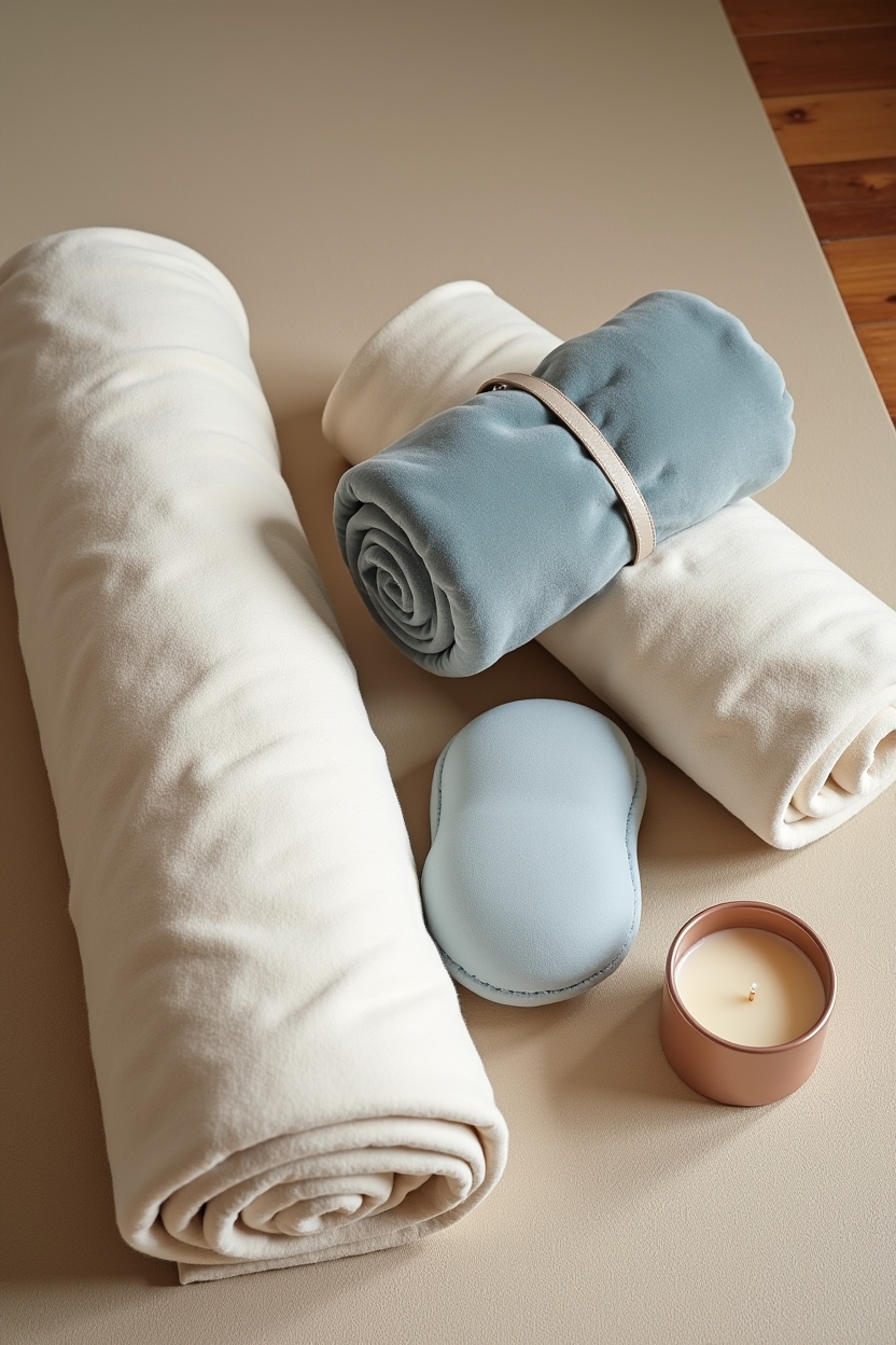 hatha yoga routine for spiritual beginners who want hip opening — rolled yoga blanket — Overhead flat-lay of restorative props arranged as a 'support kit' for extended holds: folded blanket, bolster, eye pillow, candle and strap.