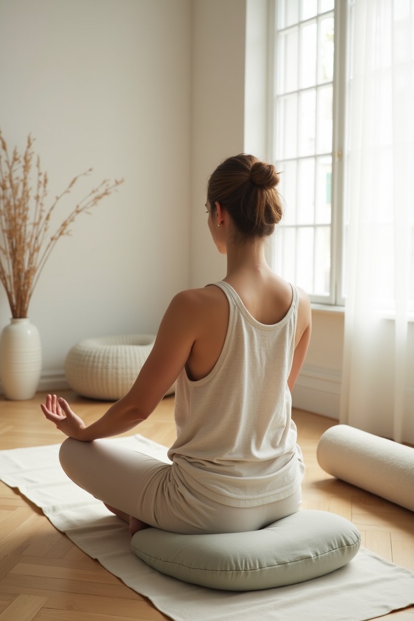 hatha yoga for body awareness for spiritual beginners — linen meditation cushion — A single person seated in cross‑legged meditation by a bright window practicing slow, visible diaphragmatic breathing