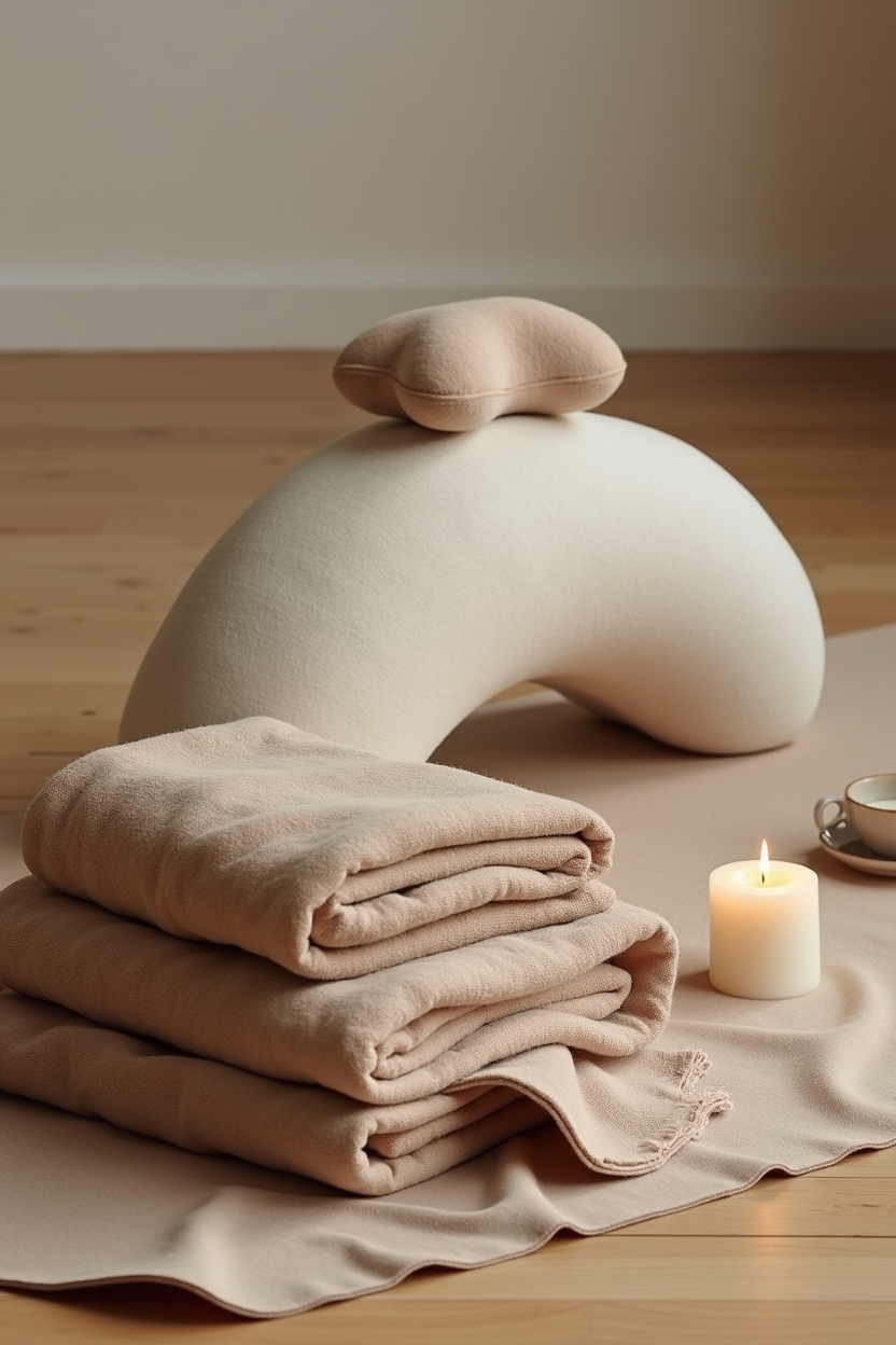 hatha yoga for body awareness for spiritual beginners — half-round bolster — A calm still-life of a supported-rest setup: folded blankets, bolster, eye pillow and a lit candle assembled for restorative supported stillness