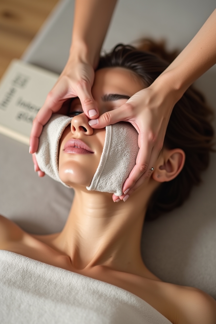how to improve sleep with jaw stretches — soft folded hand towel — Close instructional sequence: hands performing gentle lateral glide on the jaw with a towel as support (anatomy-safe framing)