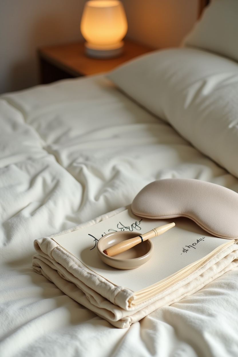 how to improve sleep with jaw stretches — soft cotton sleep mask — Still-life of a bedside tension-check kit showing tools to notice jaw clenching before bed