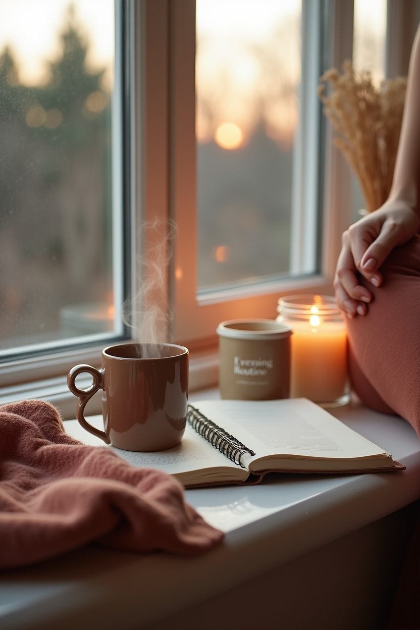 how to improve sleep with jaw stretches — glazed ceramic mug with steam — Evening ritual scene: person seated on a window seat with a mug and notebook preparing the 10-minute bedtime jaw-stretch routine