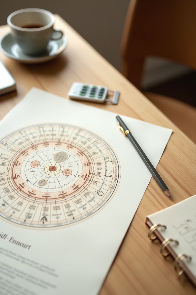 part of fortune in scorpio for love — printed natal chart wheel with planetary glyphs — Editorial flat-lay of an astrologer’s workspace showing the calculation process for a birth chart