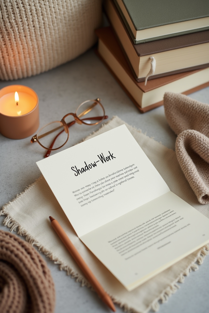 part of fortune in scorpio for love — open prompt card titled 'Shadow-Work' — Practical shadow-work flat-lay: journaling prompts and ritual objects for guided inner work
