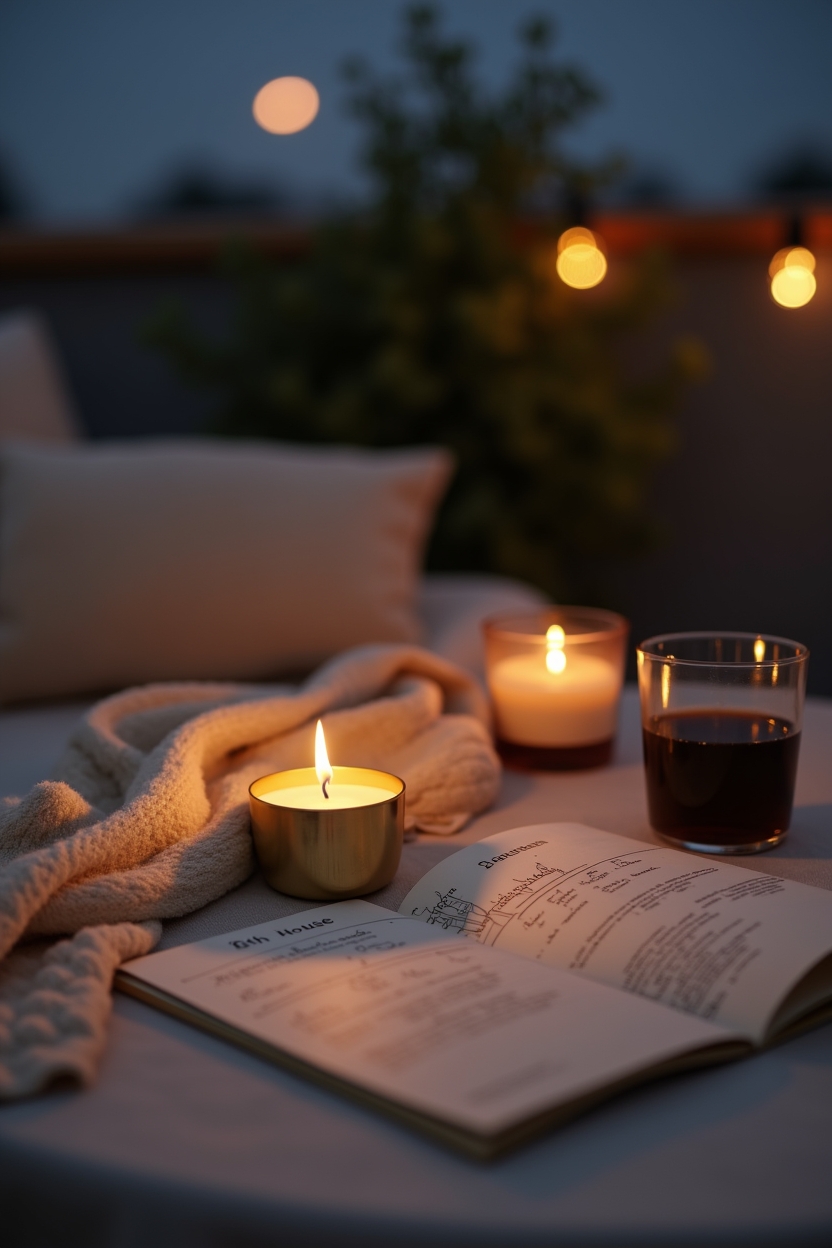 part of fortune in scorpio for love — small lit beeswax candle in a brass holder — Nighttime 8th-house vignette: an intimate outdoor table at dusk for themes of shared transformation and resources