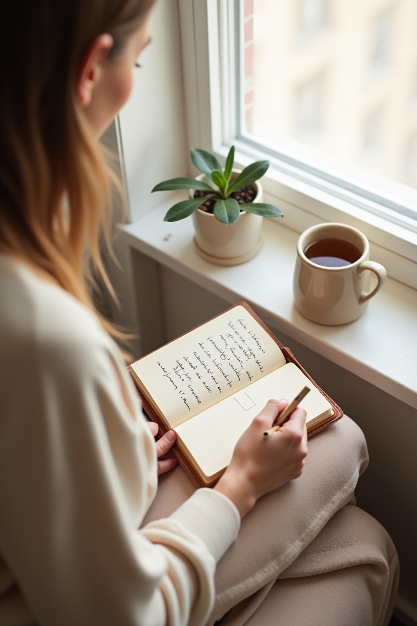 part of fortune in scorpio for love — leather-bound journal open on a lap — A person doing gentle intimacy-focused journaling by a bright window, illustrating healthy emotional expression