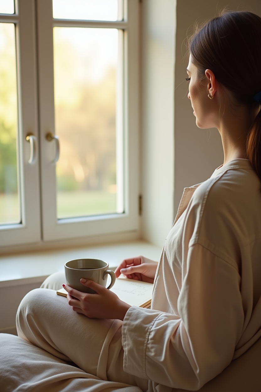 journal prompts for productivity for students — a small linen-bound journal — A student seated on a window seat at dawn, seen from behind in three-quarter, holding a warm mug while writing a short morning intention in a small journal