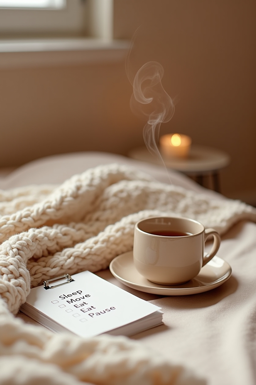 journal prompts for productivity for students — a steaming ceramic teacup on a saucer — A bedside self-care check-in vignette: a teacup on a saucer, a folded blanket, a small battery candle and a simple checklist card