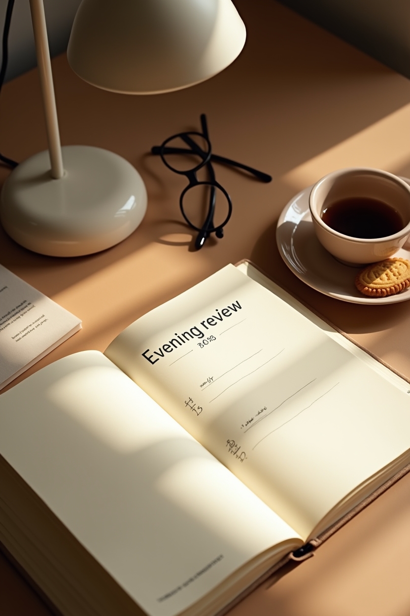 journal prompts for productivity for students — open journal page with dated 'Evening review' header — An evening ten-minute review: warm desk lamp straight-on over a neat journal with a short list, a reading glasses case and a half-eaten biscuit on a saucer