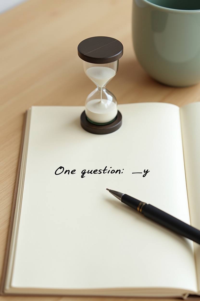 journal prompts for productivity for students — an hourglass timer — A tidy time-boxed journaling setup: a small notebook open to a single question, a simple hourglass timer and a pen on a clean desk