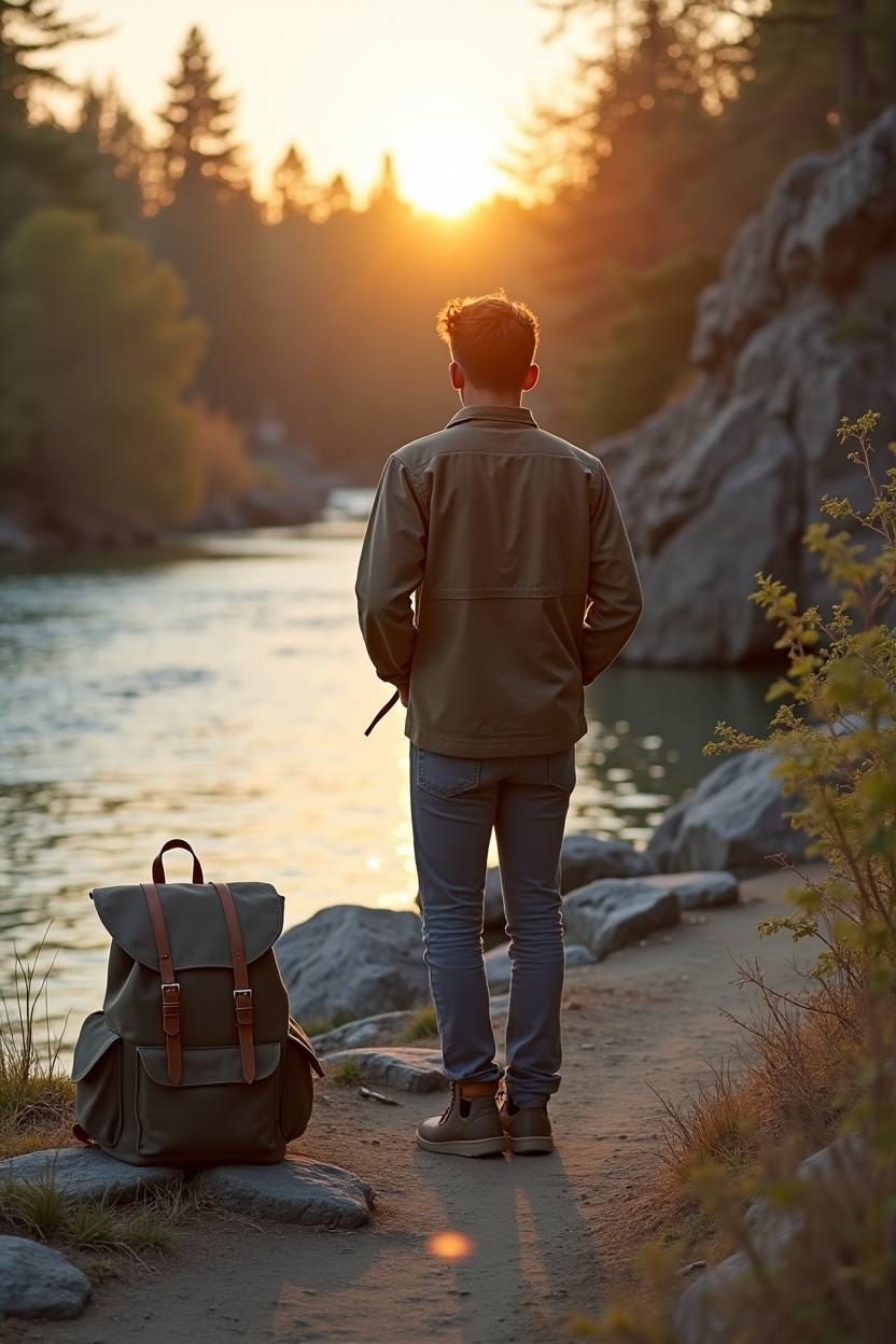 journal prompts for productivity for students — a worn backpack set on a nearby rock — A student standing on a rocky riverside path at golden hour seen wide angled from slightly lower ground, looking out — a moment of reframing after a setback