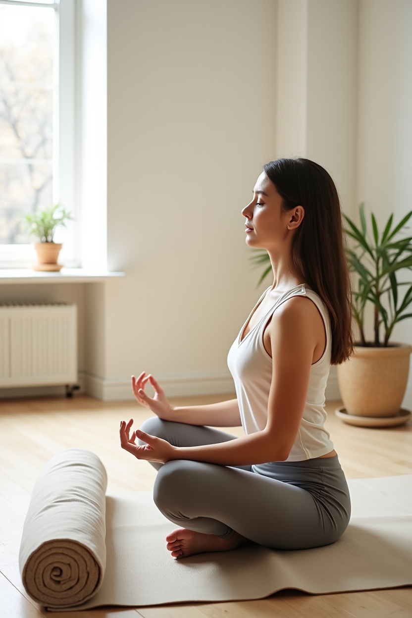 hatha yoga for sleep for writers — rolled cotton bolster beside the mat — Writer practicing Nadi Shodhana from a calm side profile silhouette, seated on a mat near a window