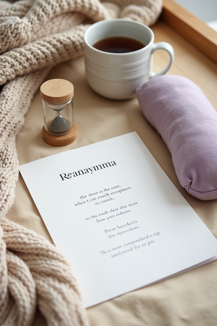 hatha yoga for sleep for writers — linen-covered card with simple pranayama steps printed (folded instruction card) — Evening pranayama flat-lay: a gentle bedside breathing setup laid out for a writer's wind-down
