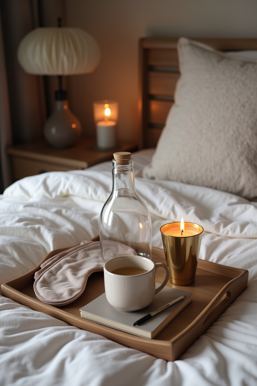 hatha yoga for sleep for writers — small brass candleholder with a single lit beeswax candle — Creating a calming sleep environment: a styled bedside vignette that suggests ritual and low light