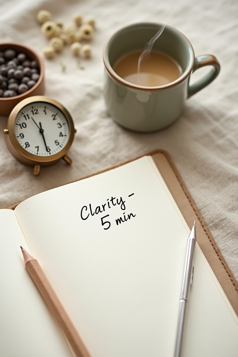 journal prompts for clarity for office workers — small mechanical kitchen timer (set to 5 minutes) — A tidy 5-minute clarity ritual flat-lay on a linen runner: timer, small notebook open to a single prompt line, and a warm mug.