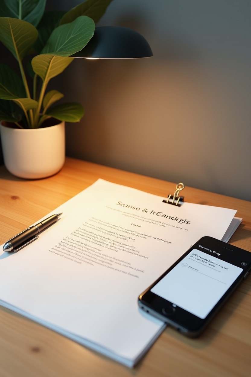journal prompts for clarity for office workers — printed one-page 'Boundary Script' sheet with visible bullet headers — A pragmatic boundary-communication toolkit on an office table: a printed one-page script template, a smartphone showing a short message draft, and a half-lit lamp.