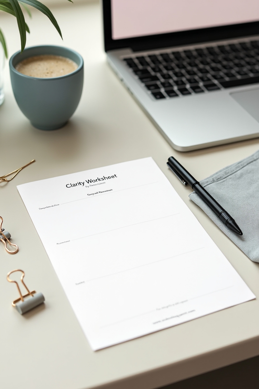 journal prompts for clarity for office workers — printable worksheet page titled 'Clarity Worksheet — Download' — An editorial wide-angled workspace showing a printable worksheet laid out with a pen, paper clip, and a laptop screen with a visible download icon.