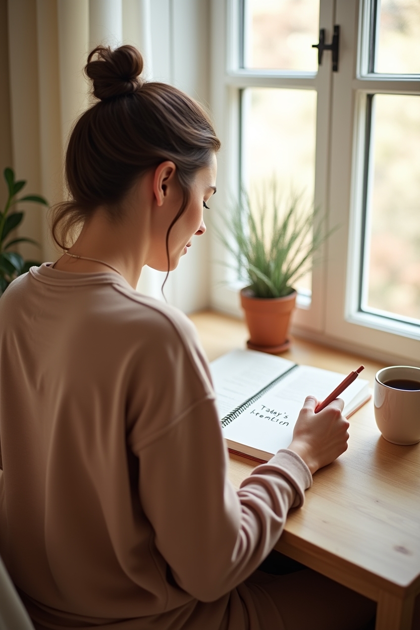 journal prompts for clarity for office workers — open notebook with a visible header reading 'Today's Intention' — A woman seated at a window desk from behind, writing her single daily intention in a notebook while a ceramic mug sits beside her.