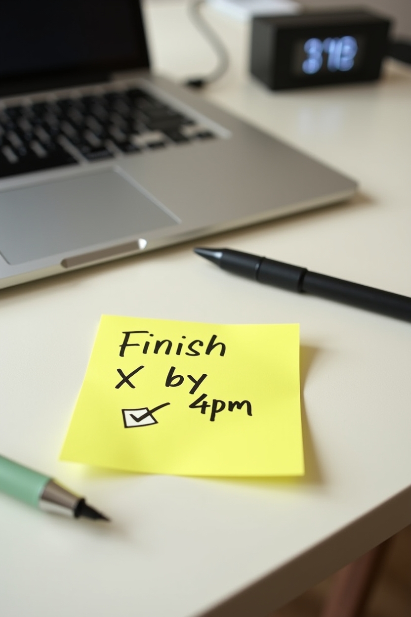 journal prompts for clarity for office workers — neon yellow sticky note with handwriting 'Finish X by 4pm' and an empty checkbox — A straight-on small-desk scene for a midday micro-task: a bright sticky note with one task, a pen, and a finished-checkbox beside a compact timer.