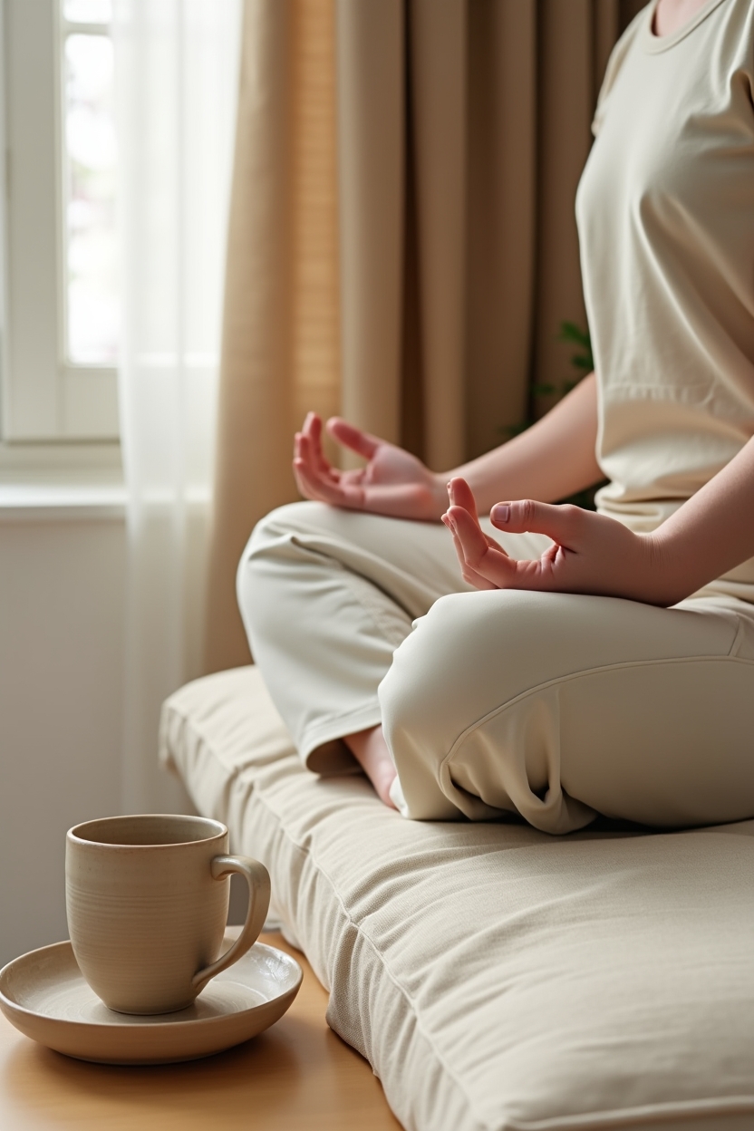 how to practice walking meditation for overthinking — handmade ceramic tea cup on a saucer — A calm at-home posture vignette: a person seated by a bright window practicing upright breath with hands resting in the lap.