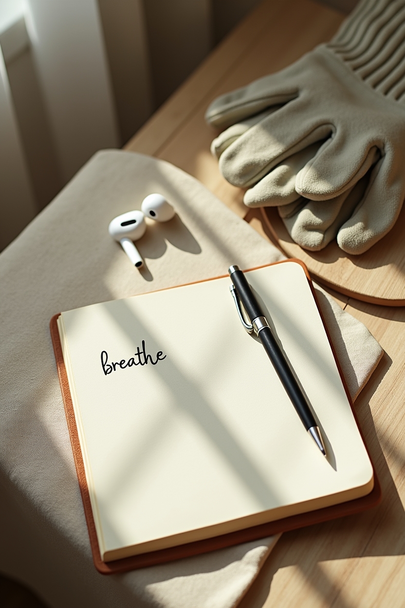 how to practice walking meditation for overthinking — small leather notebook with a visible handwritten line — A reflective close overhead of pause-after-walking items: a small leather notebook with a short written line and a pen, suggesting 'notice the story, return to the step.'