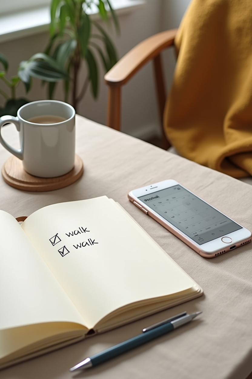 how to practice walking meditation for overthinking — open habit notebook with a clearly checked checkbox — A wide editorial view of a morning habit setup: an open habit notebook with a checked box on a tidy desk, phone calendar visible, and a mug of tea — visualizing tiny routines.