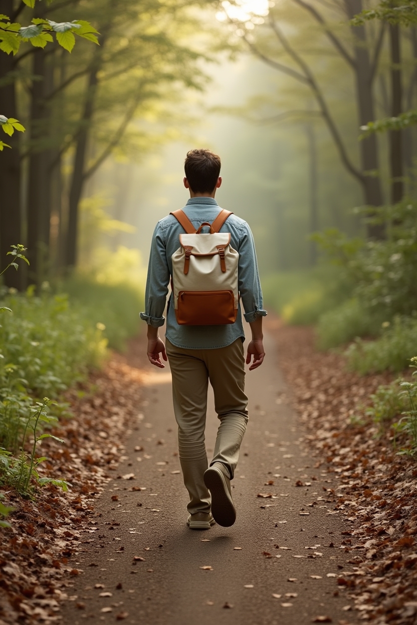how to practice walking meditation for overthinking — lightweight canvas daypack — A single person walking a wooded trail seen from behind, embodying attention on each step.