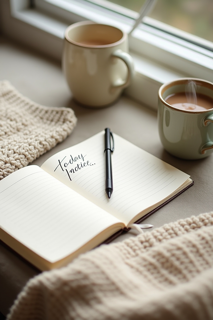 how to use self love during a career change — open lined journal with a handwritten prompt visible — flat-lay of a simple journaling ritual on a sunny window seat — a prompt sheet, pen and a warm mug