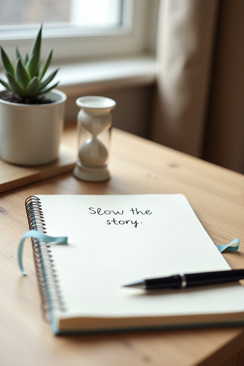 how to use self love during a career change — lined notebook open with a header that reads 'Slow the story' — a tidy desk scene showing a slow-journaling setup with a prompt sheet, timer, and a small plant — encouragement to 'slow the story'