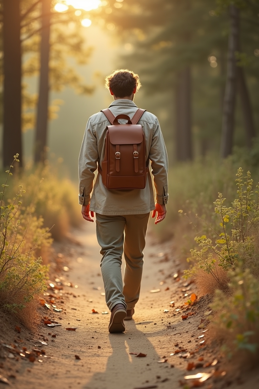 how to use self love during a career change — well-worn leather backpack — a person seen from behind walking a forest trail at golden hour — embodying permission to be a beginner, forward motion