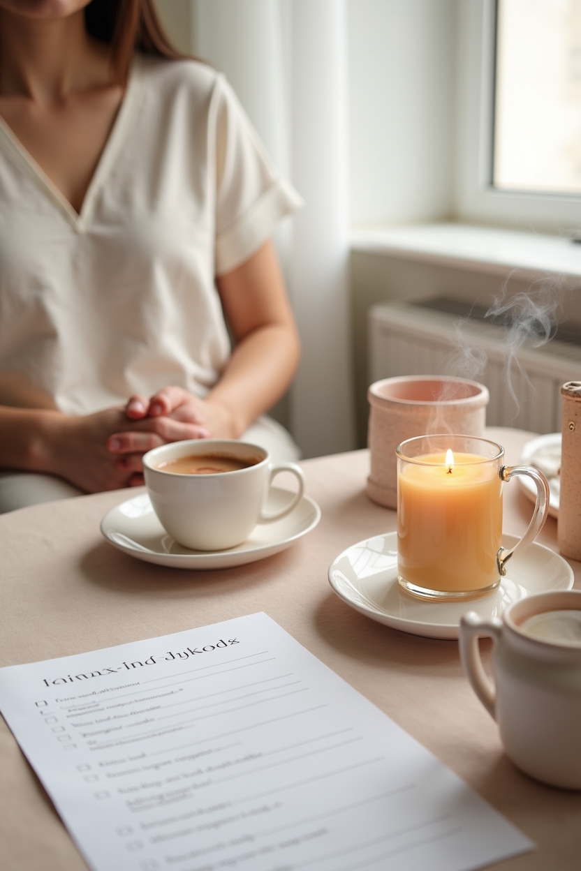 how to use self love during a career change — small ceramic candle on a saucer — a quiet monthly self-check ritual by a window: a person with tea and a checklist, candle lit — calm sustained practice