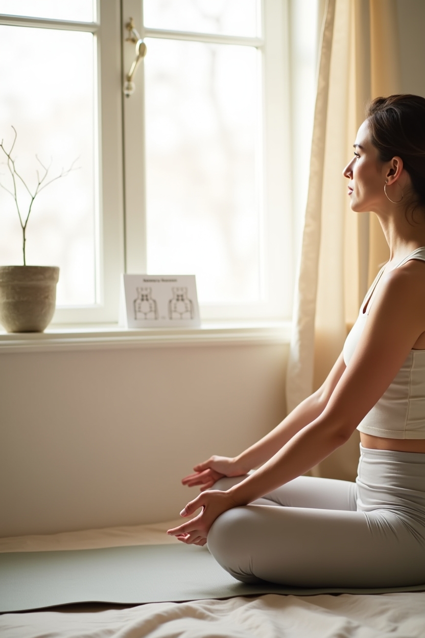 how to improve sleep with knees stretches — small laminated anatomy card showing knee-hip alignment — A woman seated cross-legged beside a sunlit bedroom window, gently demonstrating neutral knee alignment while referencing a simple anatomical spine/knee diagram on a small card