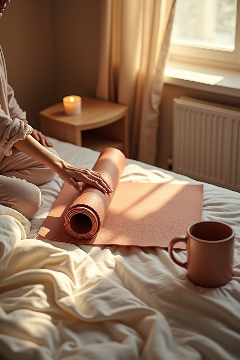 how to improve sleep with knees stretches — printed 10-minute checklist card — A calm bedtime mini-routine scene: a person in pajamas rolling a yoga mat beside a bed at golden-hour light, a mug on a nightstand and a short printed 10-minute checklist card visible