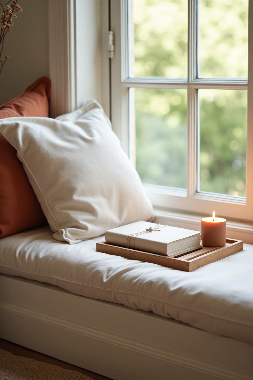 how to use self love before a big decision — linen-wrapped journal on a small wooden tray — A calm 'decision sanctuary' window seat vignette: a cozy corner set up for pausing and deciding