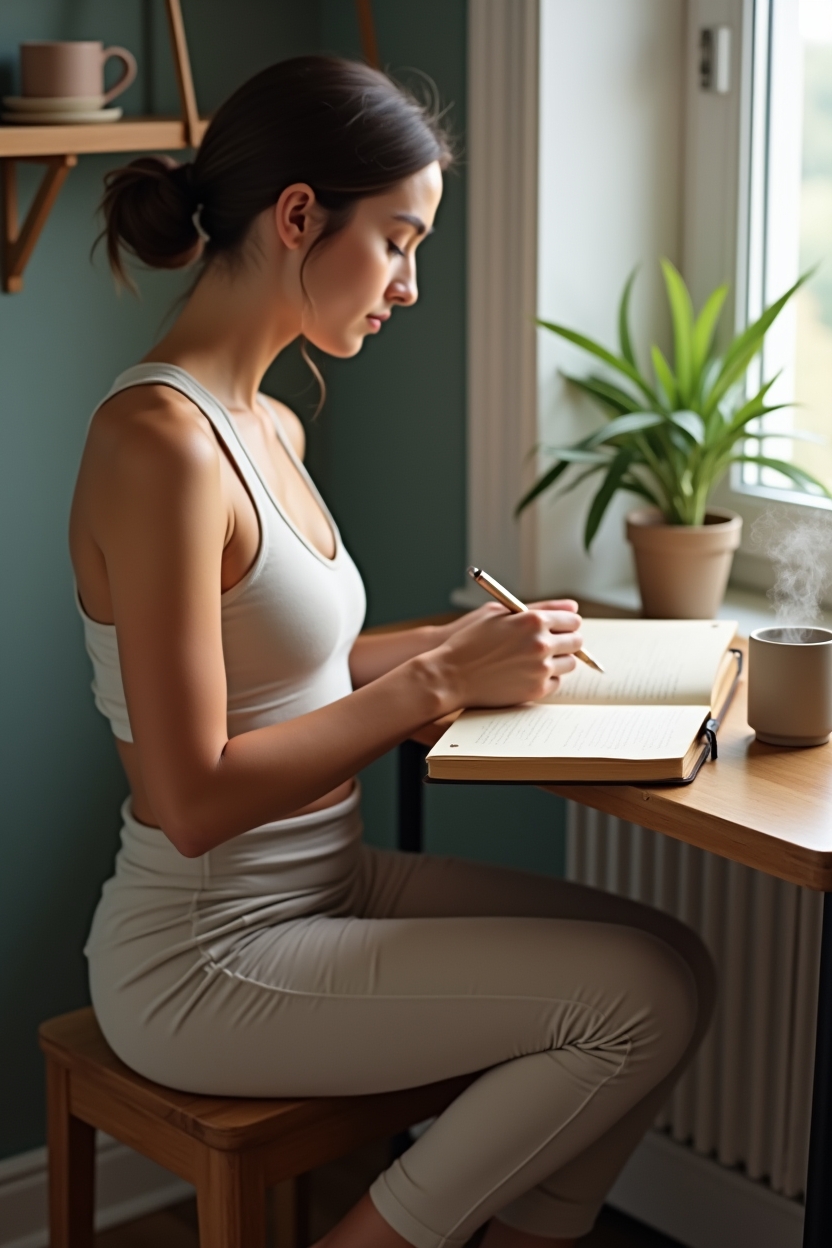 how to use self love before a big decision — leather-bound journal with a fountain pen resting on it — A person quietly writing boundary statements in a home desk nook, photo emphasizing the act of deciding limits