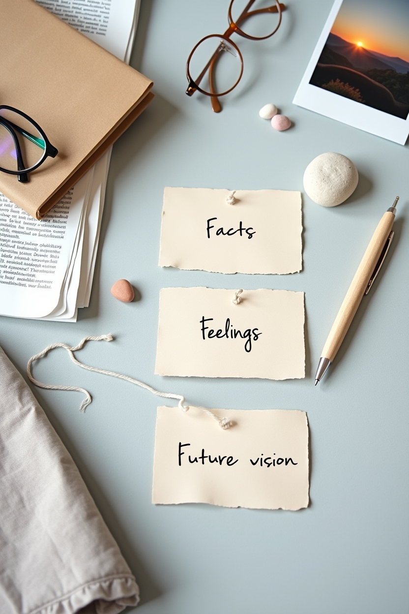 how to use self love before a big decision — three labeled kraft-paper cards reading 'Facts', 'Feelings', 'Future vision' — An overhead flat-lay showing an evidence exercise: three labeled stacks representing facts, feelings, and future vision