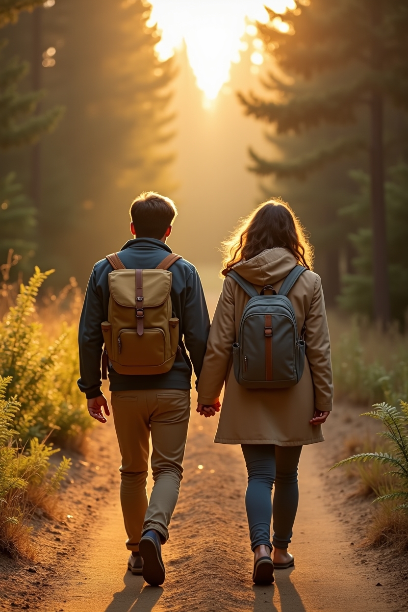 how to use self love when everything feels uncertain — worn canvas daypack on one person's back — Two people walking away together on a soft forest trail at golden-hour, photographed from behind to show community and quiet support without focusing on faces or extremities.