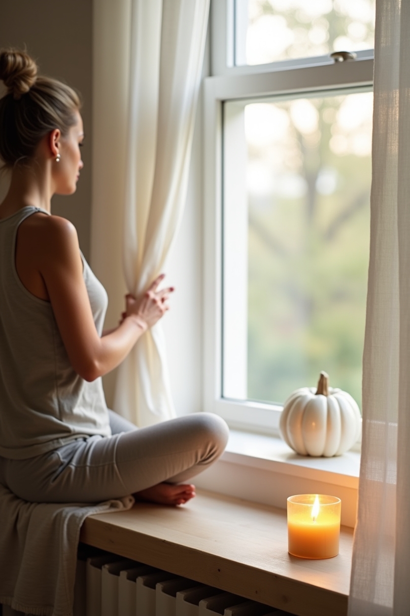 how to use self love when everything feels uncertain — a small lit beeswax candle on the windowsill — A single person seated cross-legged on a window seat, seen from behind, practicing a quiet grounding breath while morning light filters through sheer curtains.