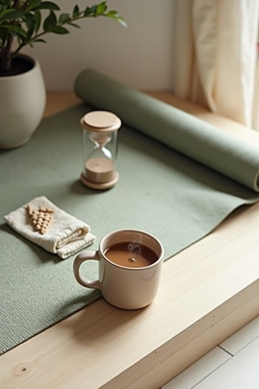 how to use self love when everything feels uncertain — rolled natural-fiber yoga mat — Editorial flat-lay of a short micro-practice setup: rolled natural-fiber yoga mat with folded blanket, a small sand-timer, and a warm mug — staged as a simple ritual.